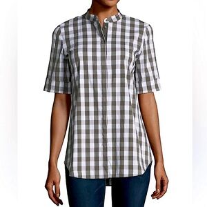 Lafayette 148 Blouse Green White Theodora Belmont Button Front Size M